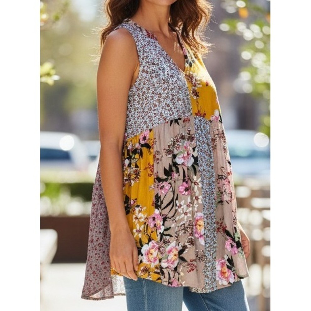 Umgee Floral Patchwork Womens S Tunic Boho Top Blouse Sleeveless Perfect